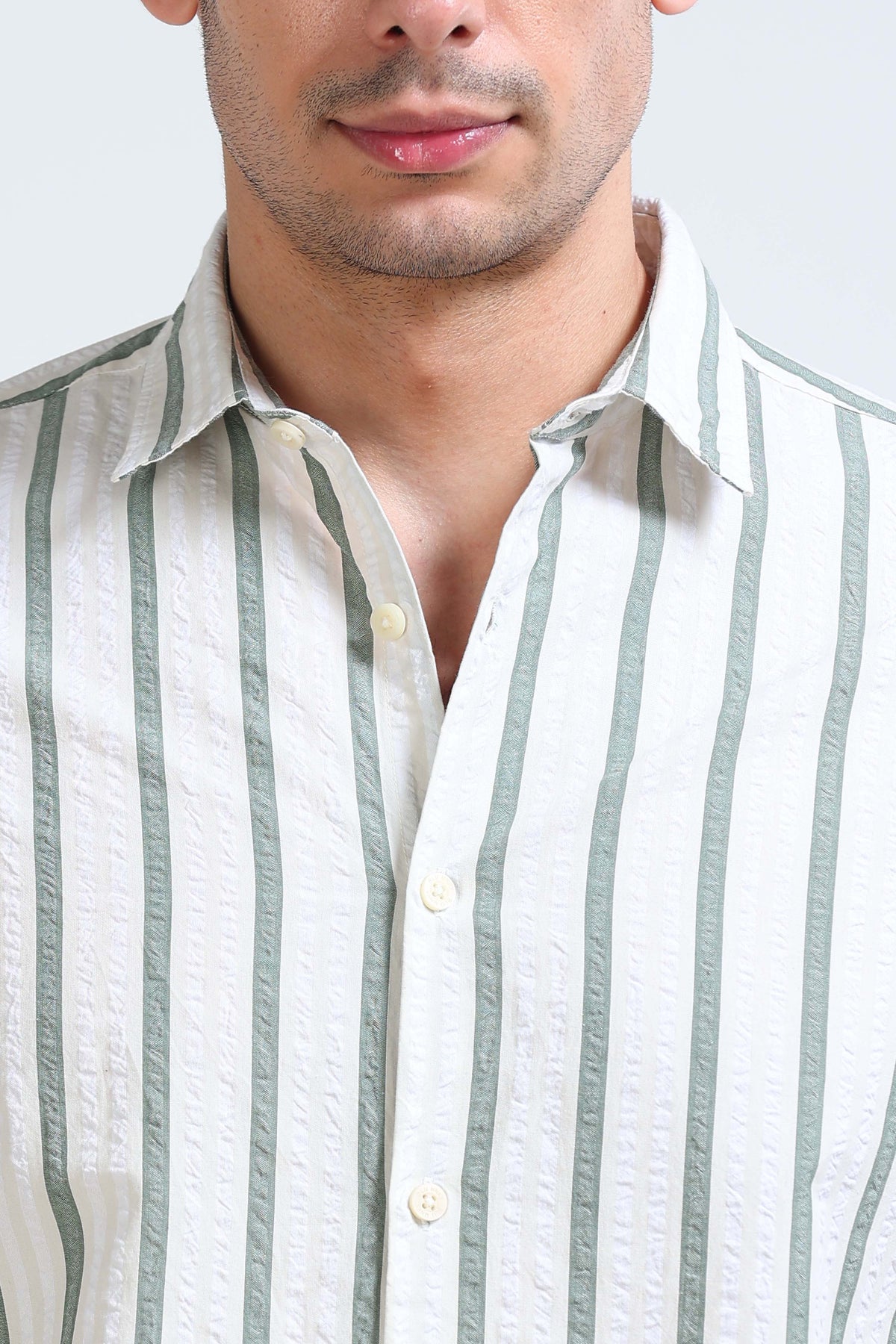 Men's Seersucker Striped Shirt Green Cream