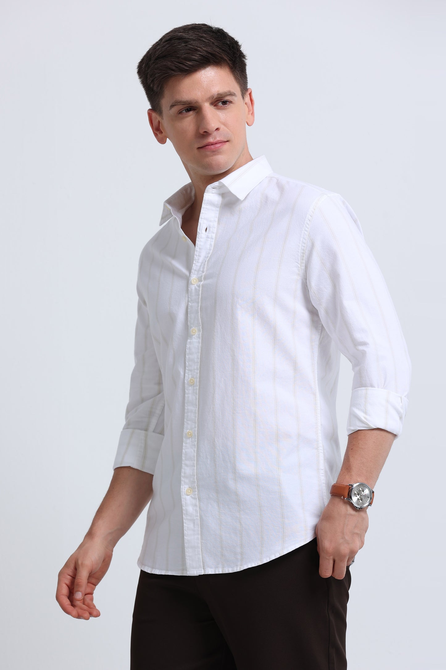 Classic Striped Oxford Cotton Shirt White Beige