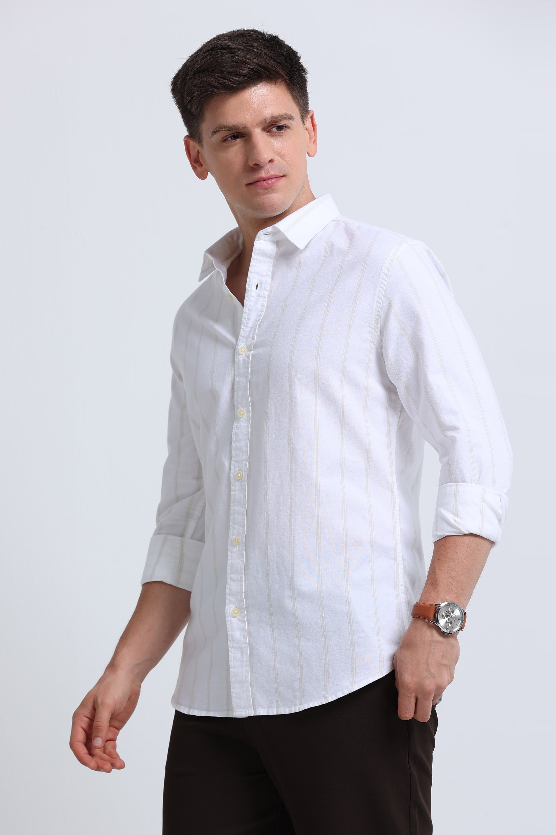 Classic Striped Oxford Cotton Shirt White Beige