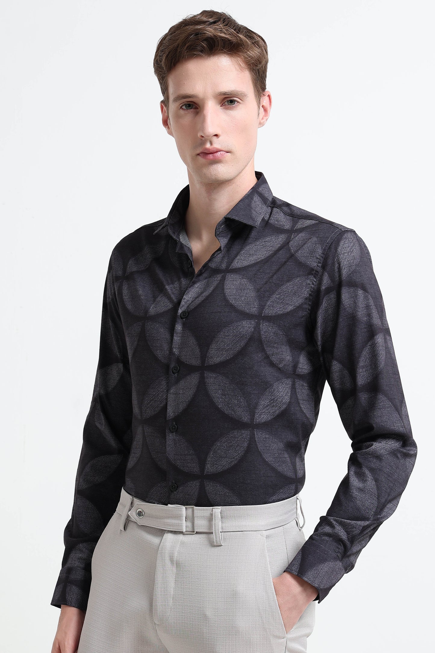 Contemporary Printed Cotton Blend Shirt Lt Grey Black