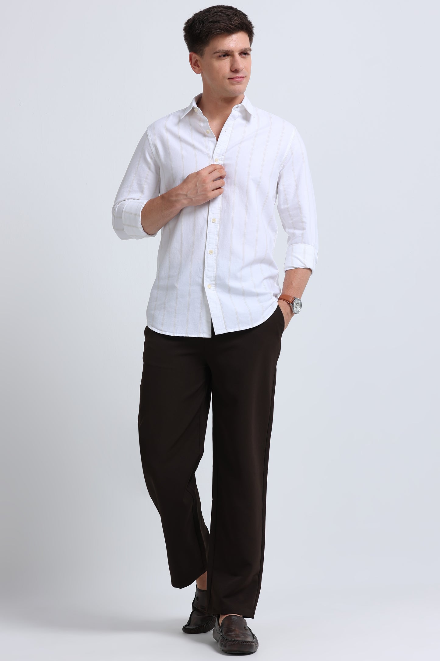 Classic Striped Oxford Cotton Shirt White Beige