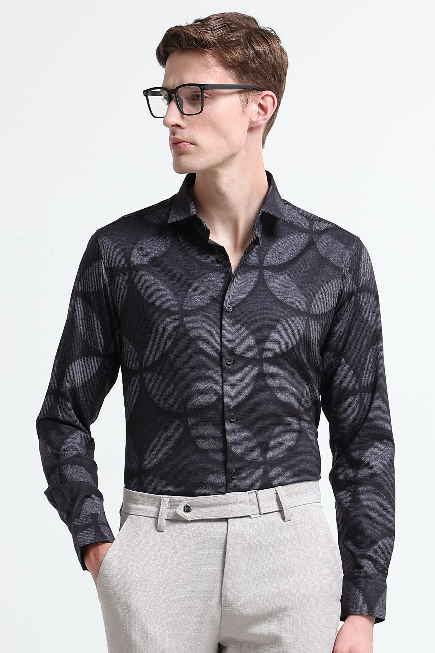 Contemporary Printed Cotton Blend Shirt Lt Grey Black