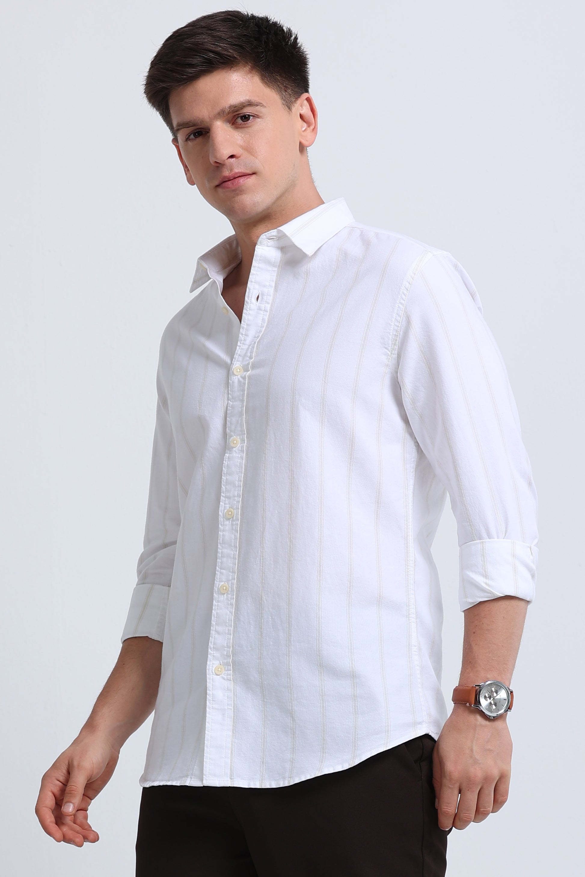 Classic Striped Oxford Cotton Shirt White Beige