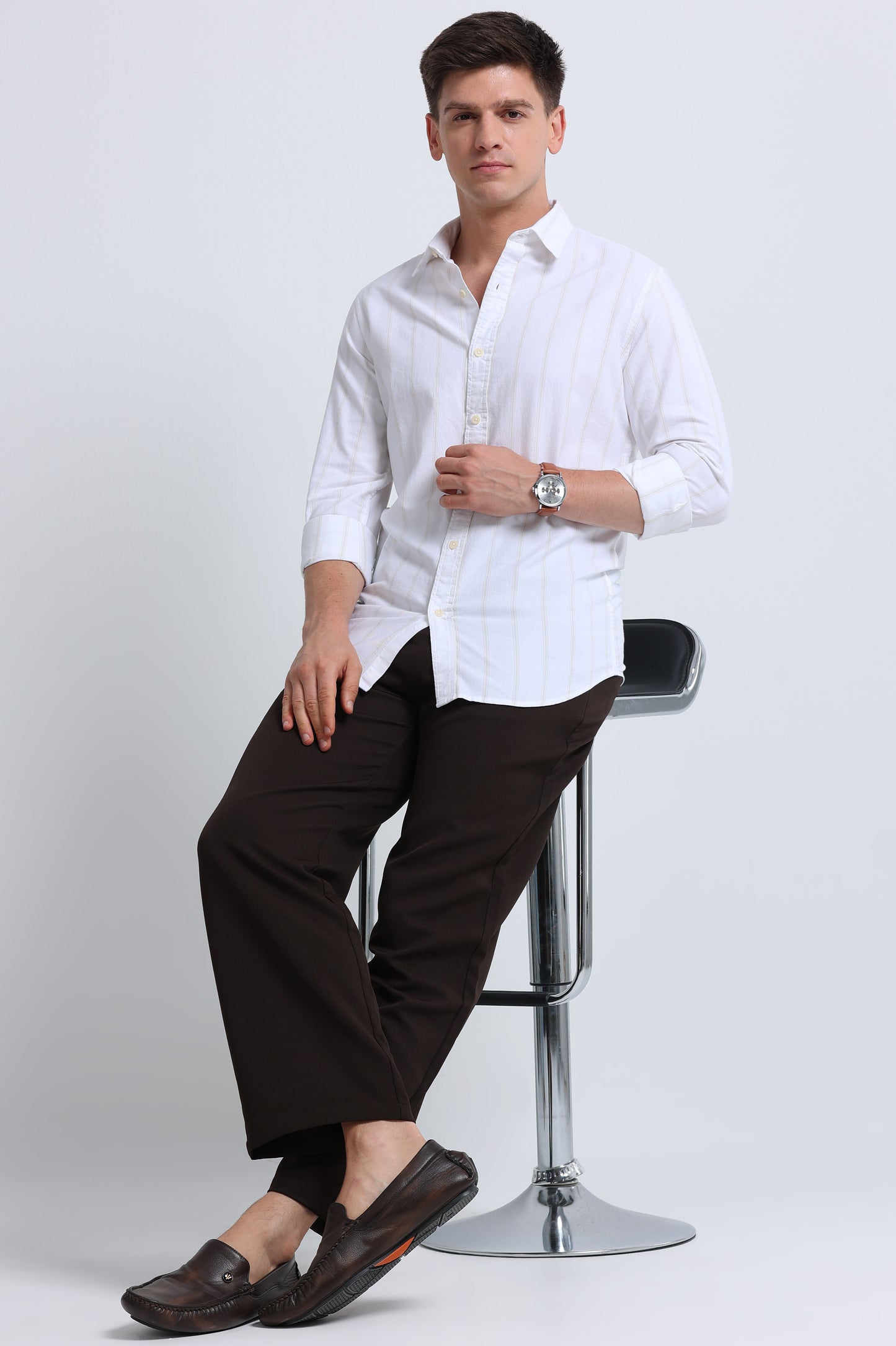 Classic Striped Oxford Cotton Shirt White Beige