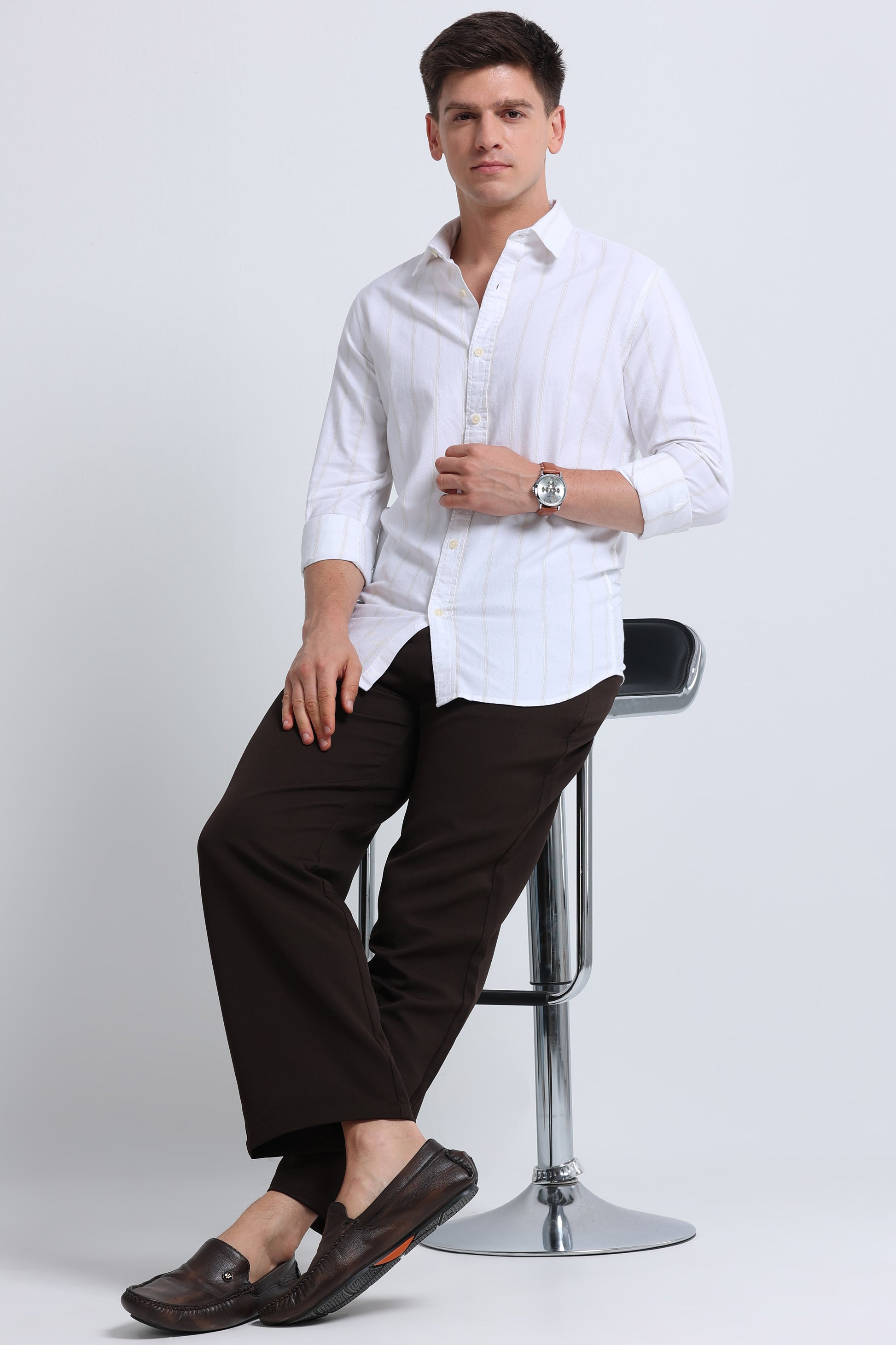 Classic Striped Oxford Cotton Shirt White Beige