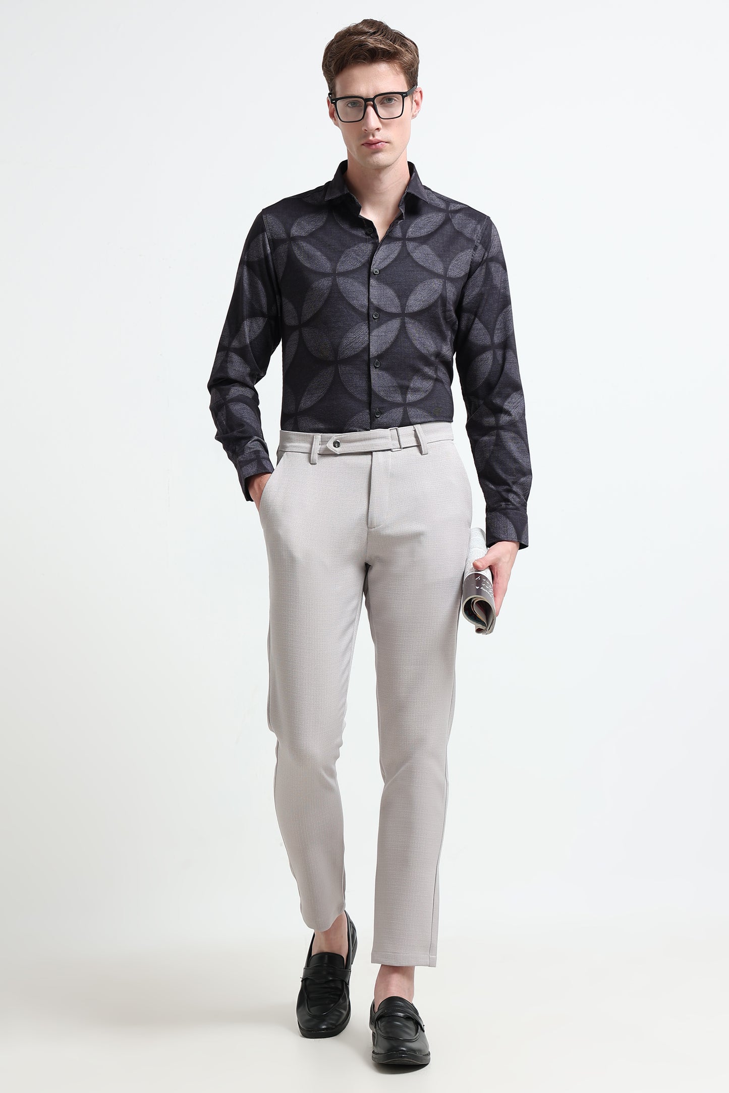 Contemporary Printed Cotton Blend Shirt Lt Grey Black