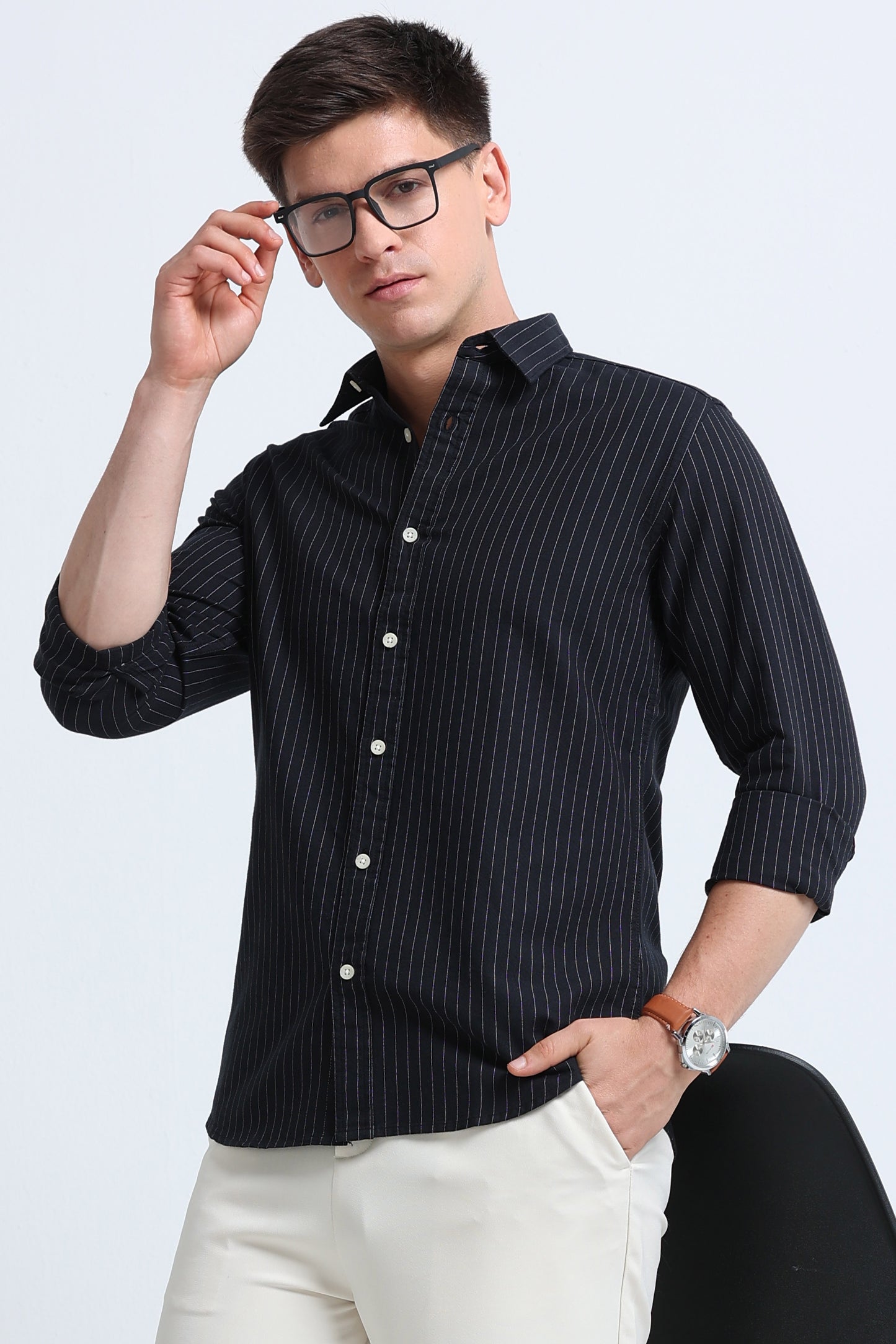 Slim Striped Cotton Oxford Shirt Black