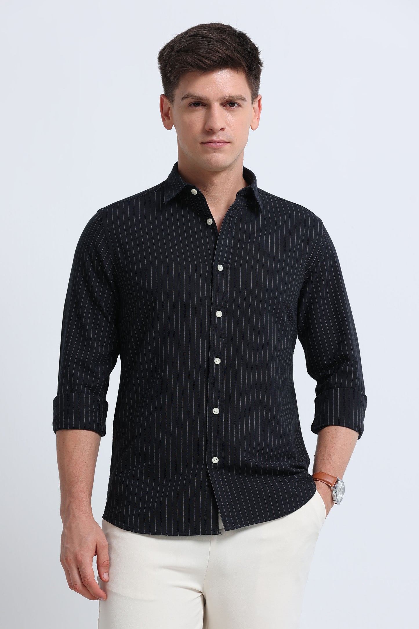 Slim Striped Cotton Oxford Shirt Black