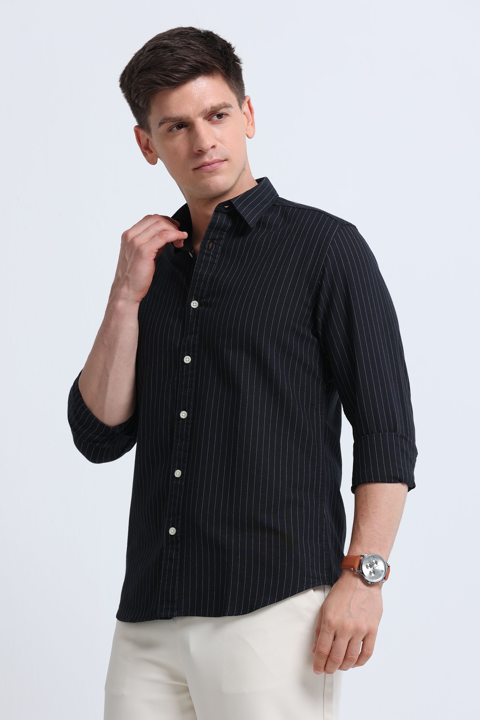 Slim Striped Cotton Oxford Shirt Black