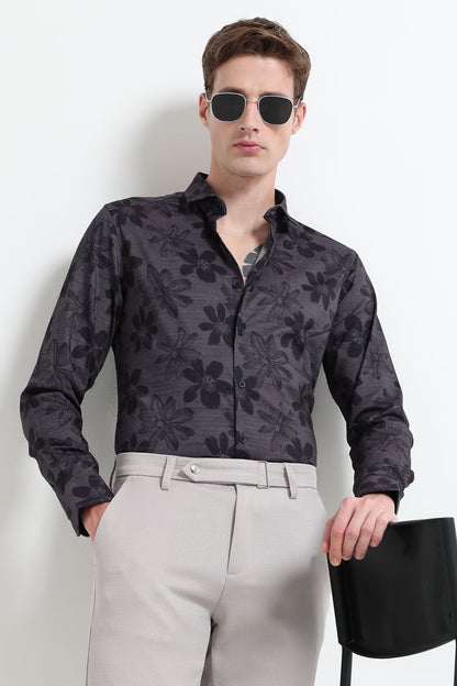 Contemporary Printed Cotton Blend Shirt Dark Grey