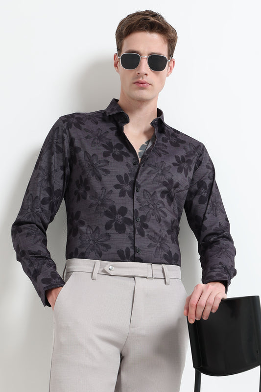 Contemporary Printed Cotton Blend Shirt Dark Grey