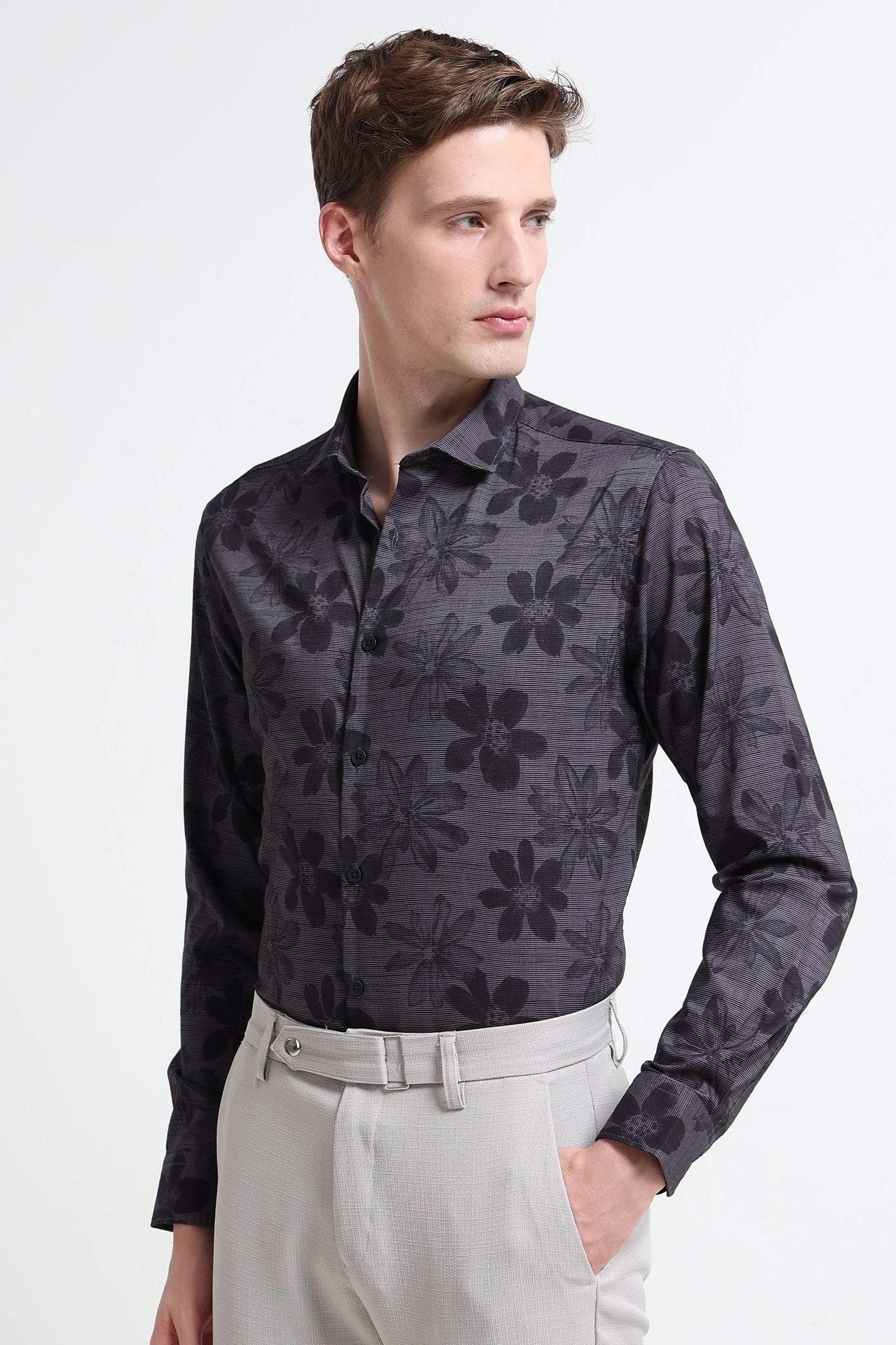 Contemporary Printed Cotton Blend Shirt Dark Grey