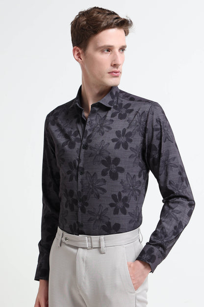 Contemporary Printed Cotton Blend Shirt Dark Grey