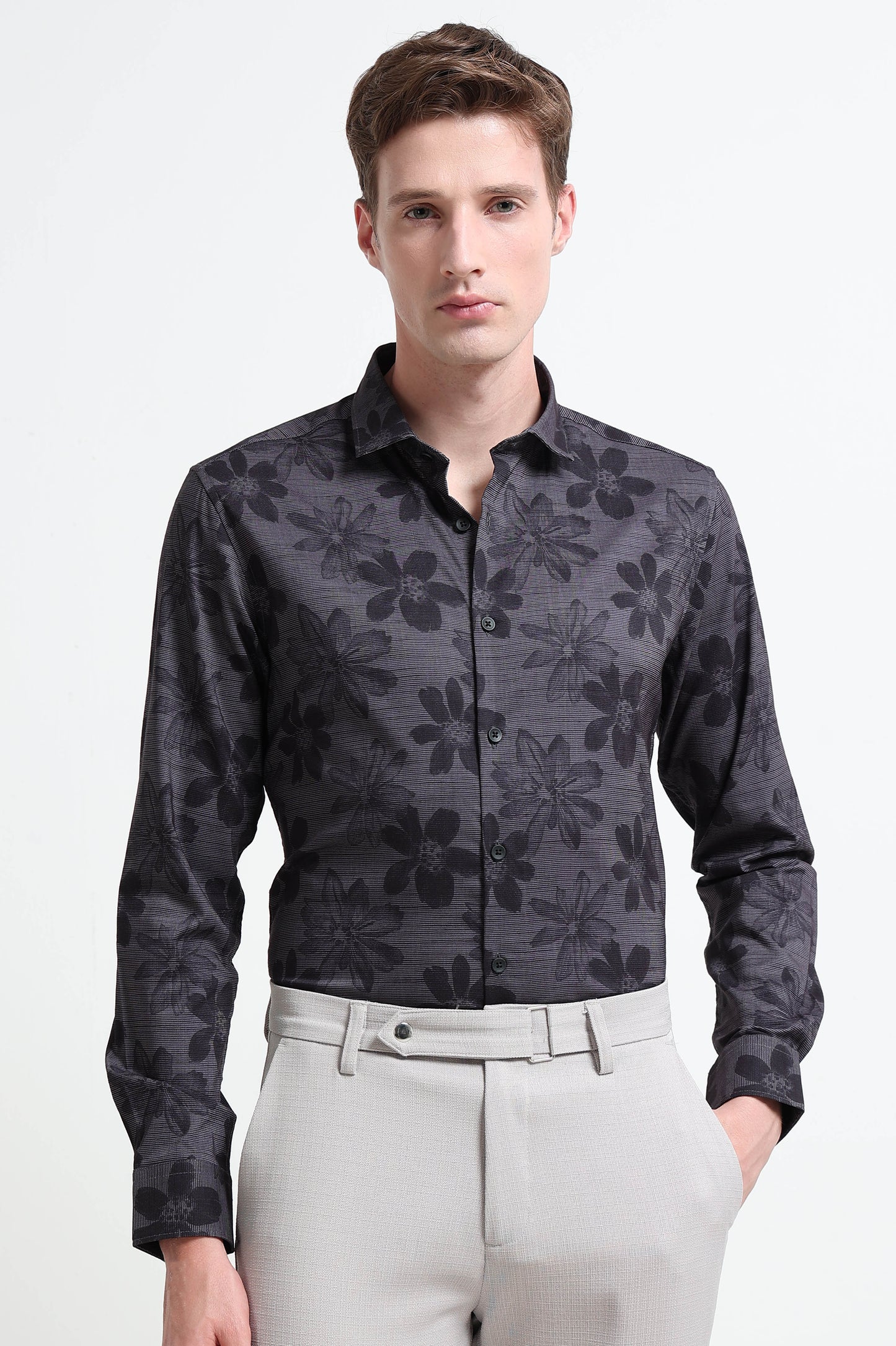 Contemporary Printed Cotton Blend Shirt Dark Grey