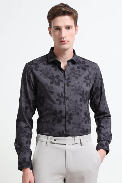 Contemporary Printed Cotton Blend Shirt Dark Grey