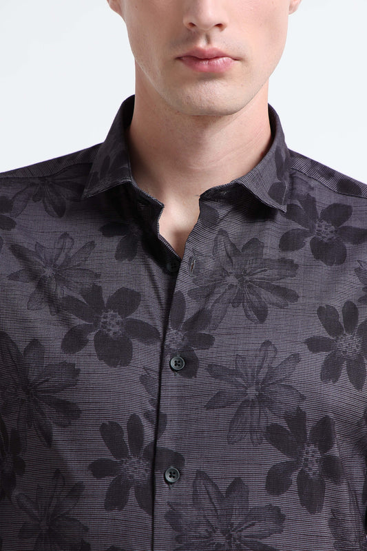 Contemporary Printed Cotton Blend Shirt Dark Grey