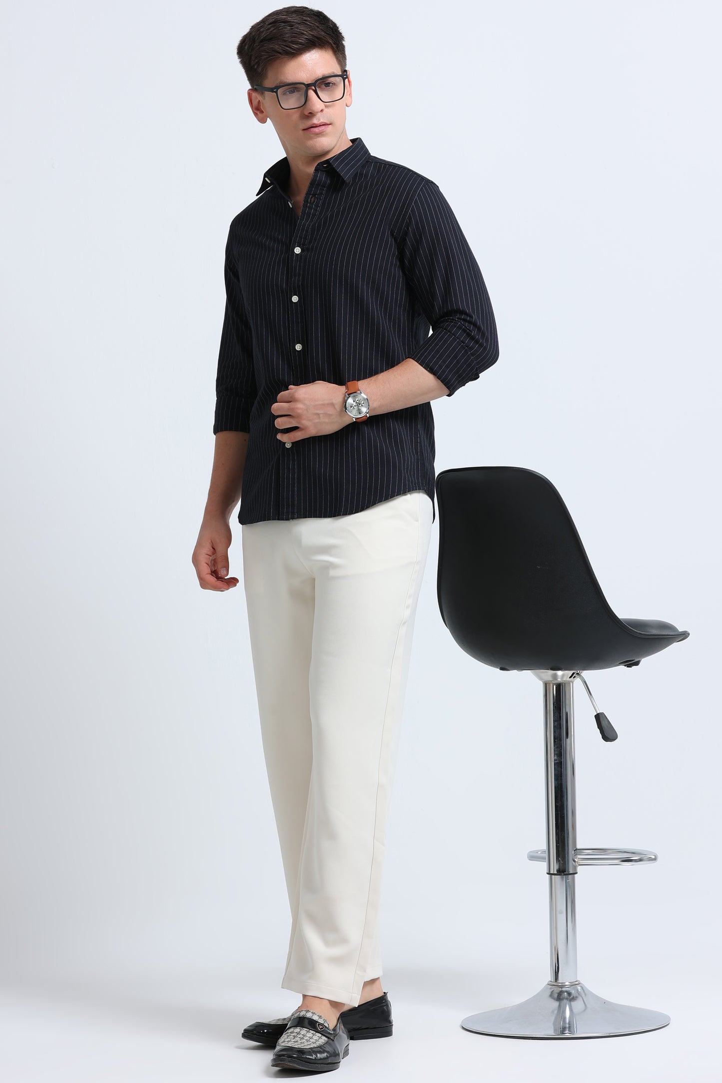 Slim Striped Cotton Oxford Shirt Black