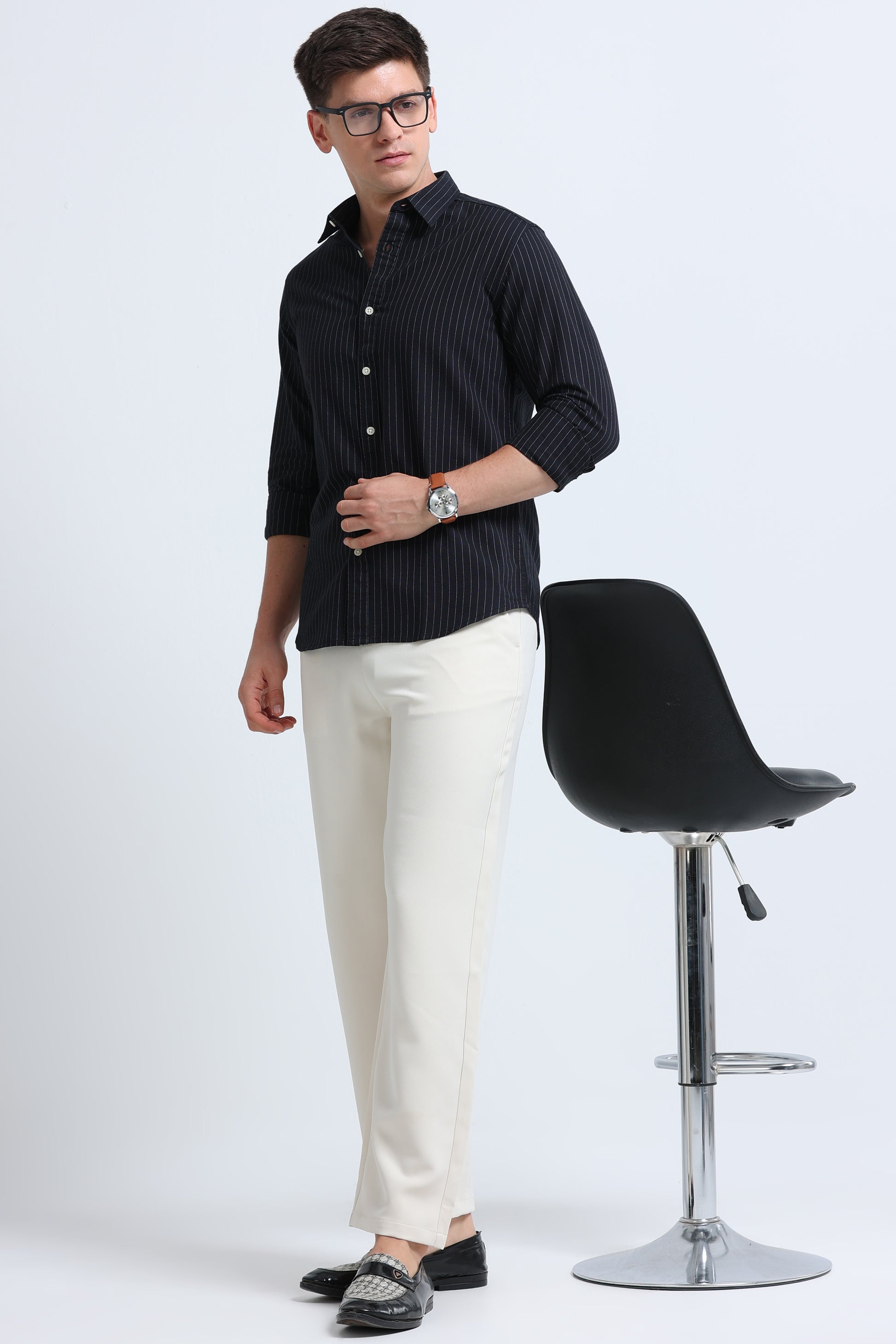 Slim Striped Cotton Oxford Shirt Black