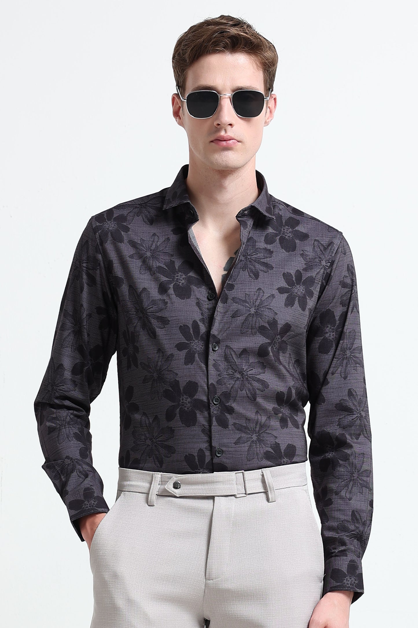 Contemporary Printed Cotton Blend Shirt Dark Grey