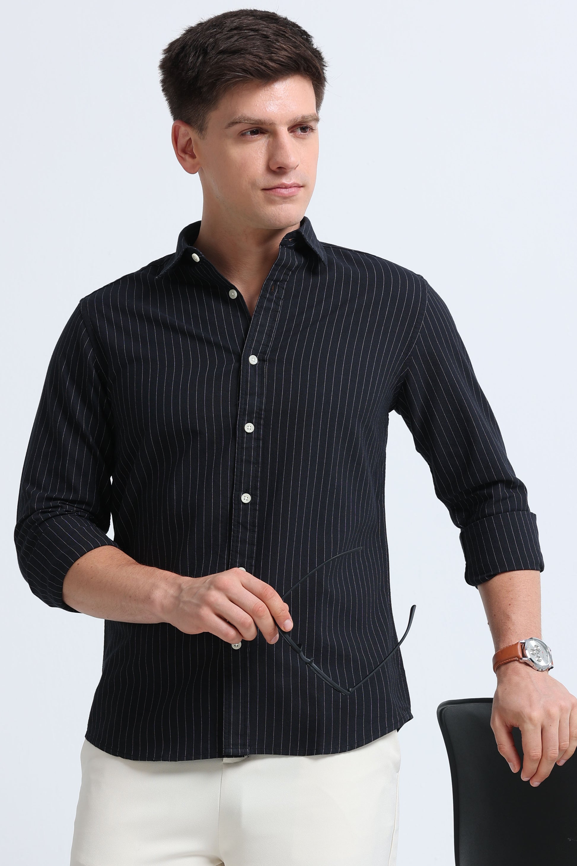 Slim Striped Cotton Oxford Shirt Black