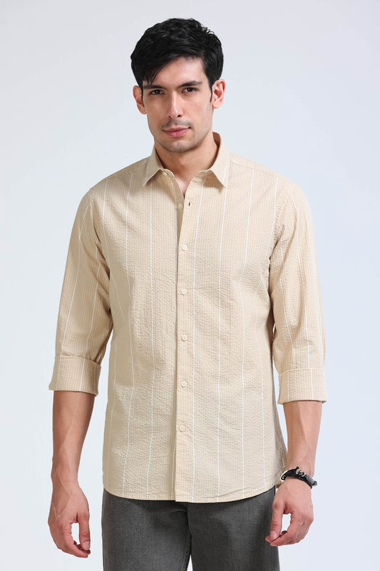 Men's Seersucker Striped Shirt Beige