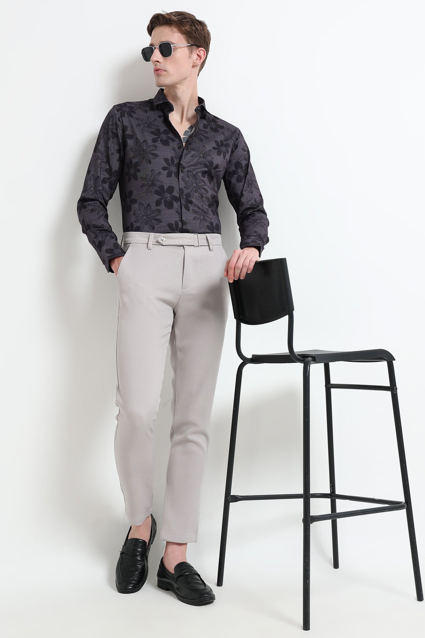 Contemporary Printed Cotton Blend Shirt Dark Grey