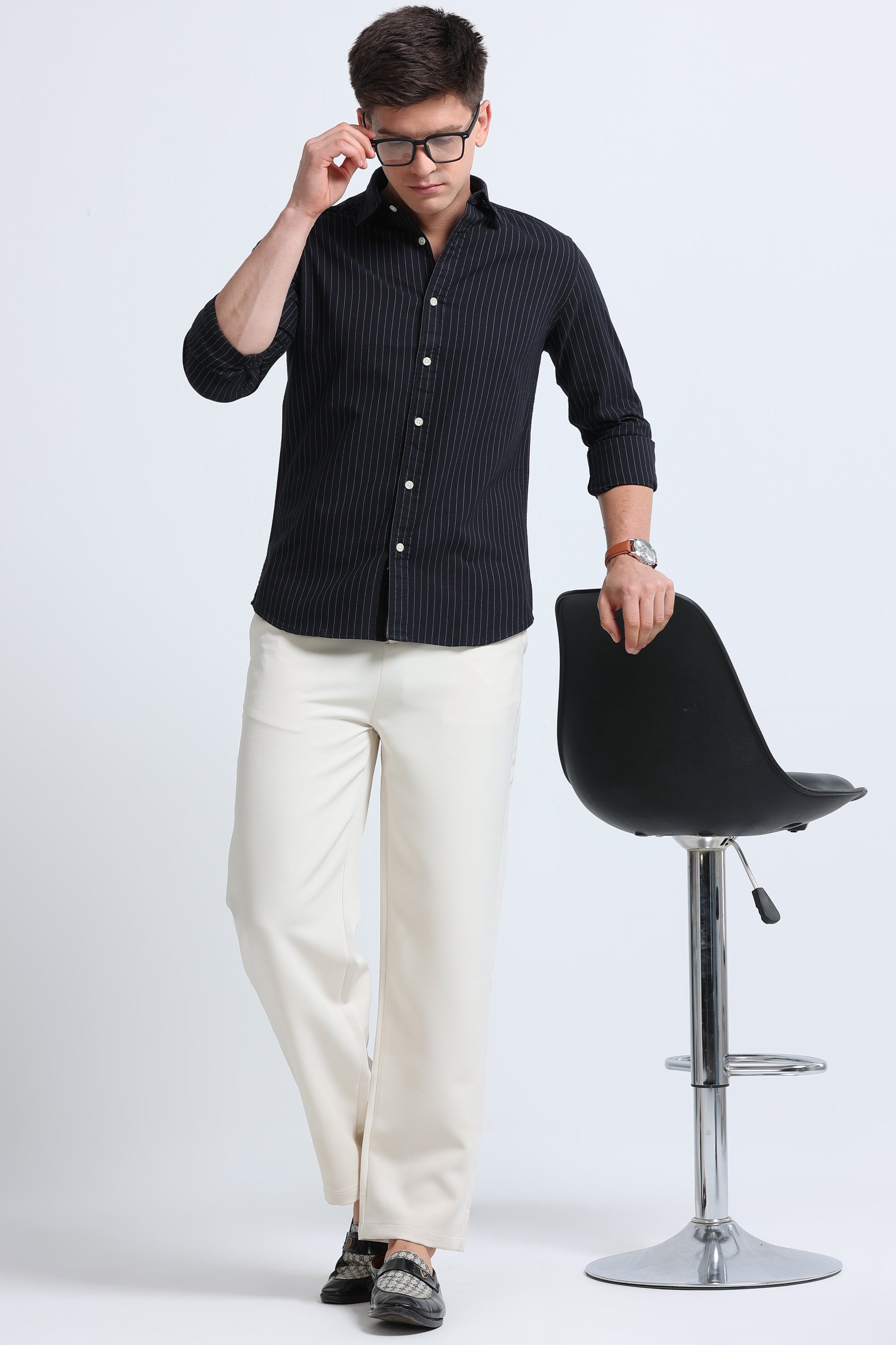 Slim Striped Cotton Oxford Shirt Black