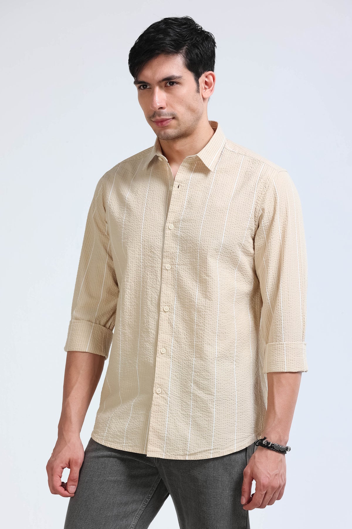 Men's Seersucker Striped Shirt Beige