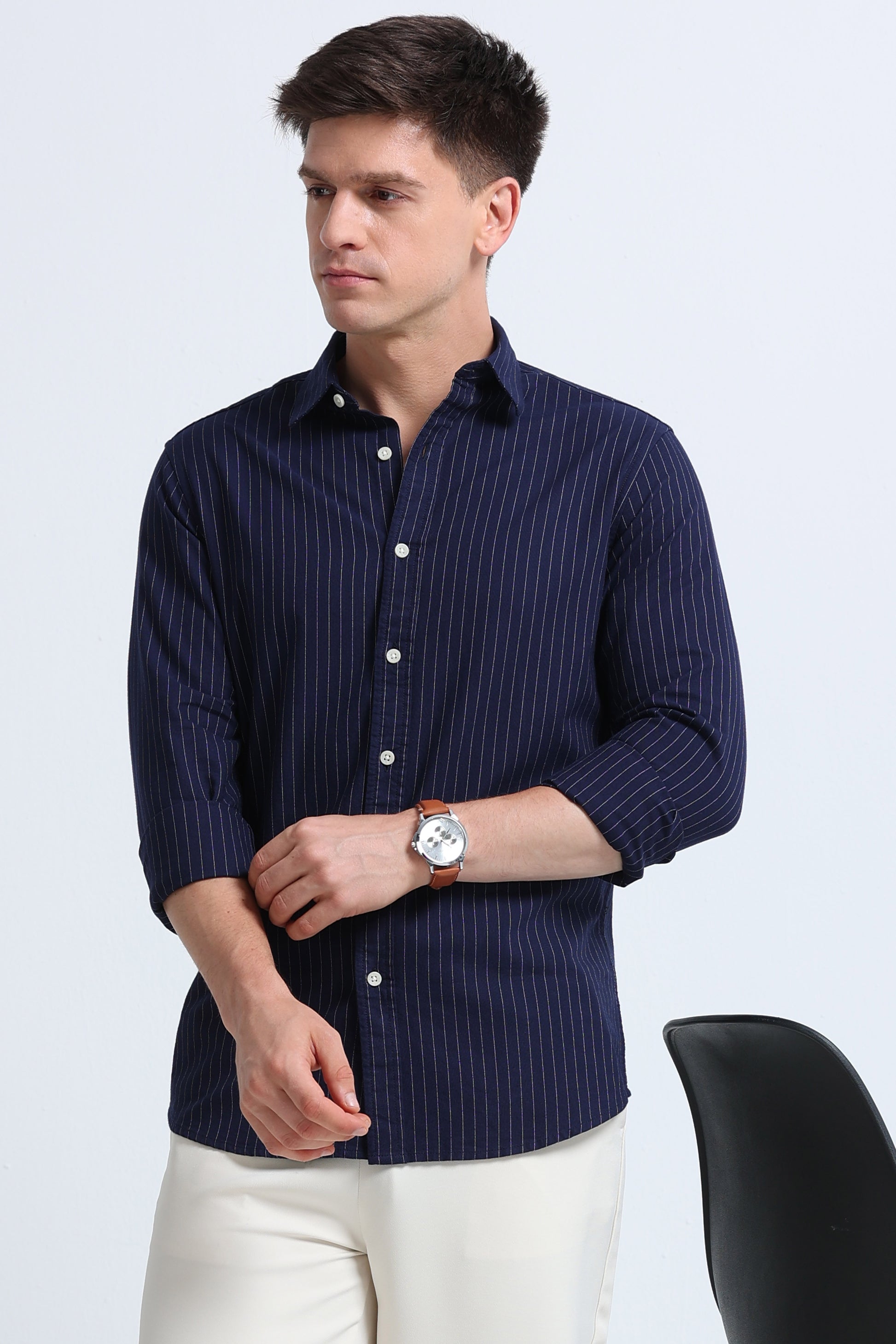 Slim Striped Cotton Oxford Shirt Navy