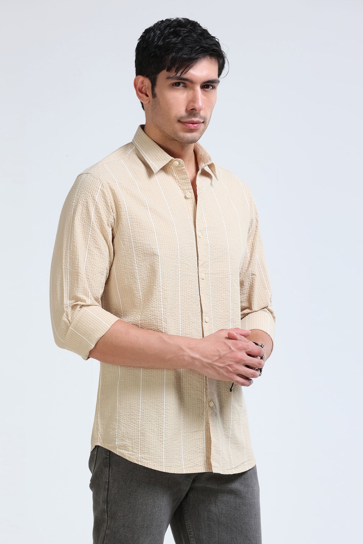 Men's Seersucker Striped Shirt Beige