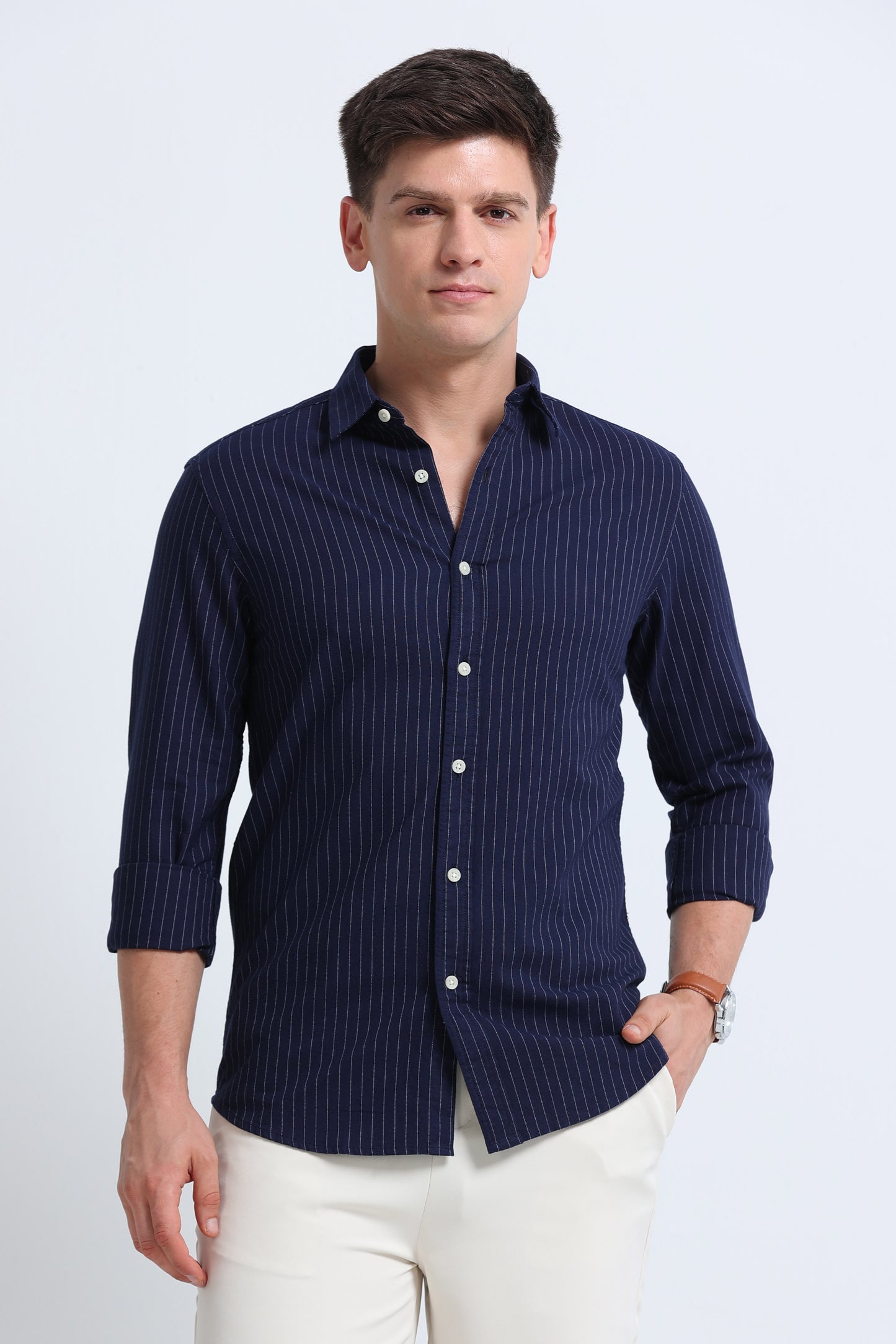 Slim Striped Cotton Oxford Shirt Navy