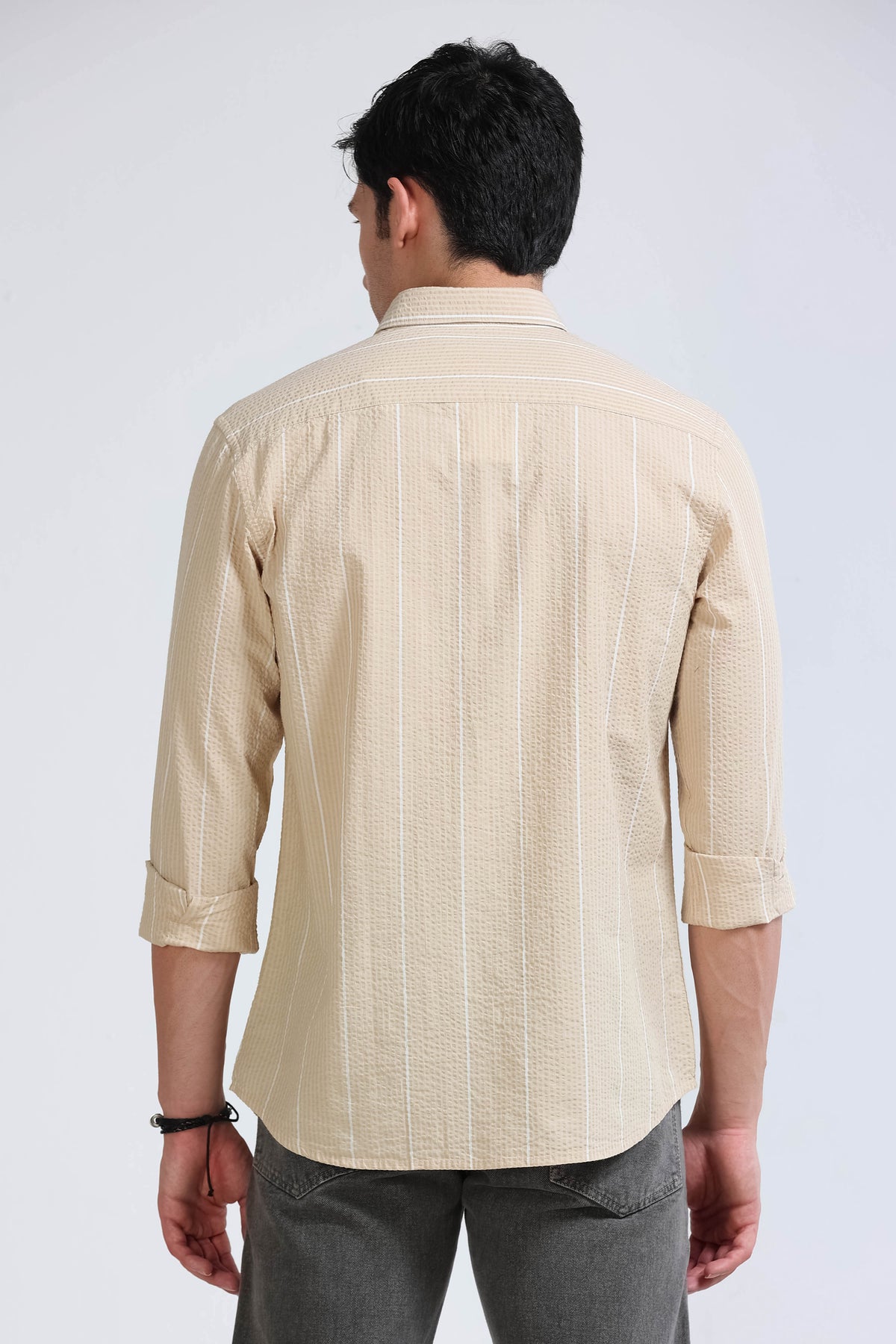 Men's Seersucker Striped Shirt Beige