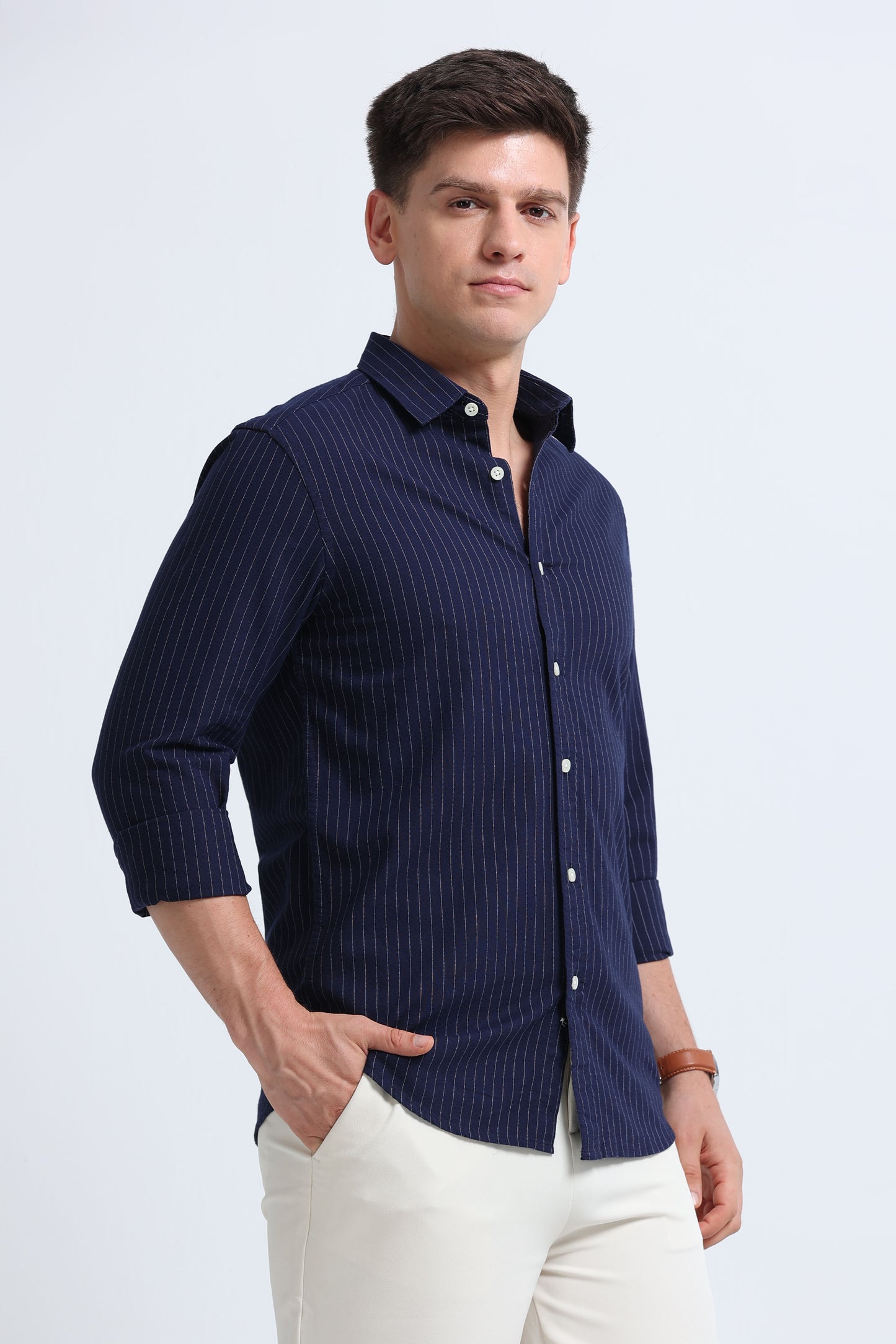 Slim Striped Cotton Oxford Shirt Navy