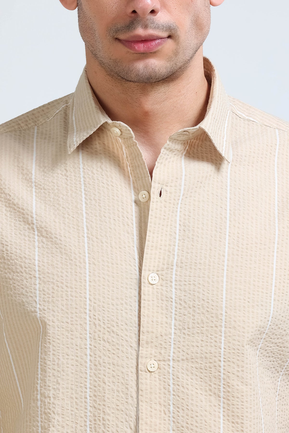 Men's Seersucker Striped Shirt Beige