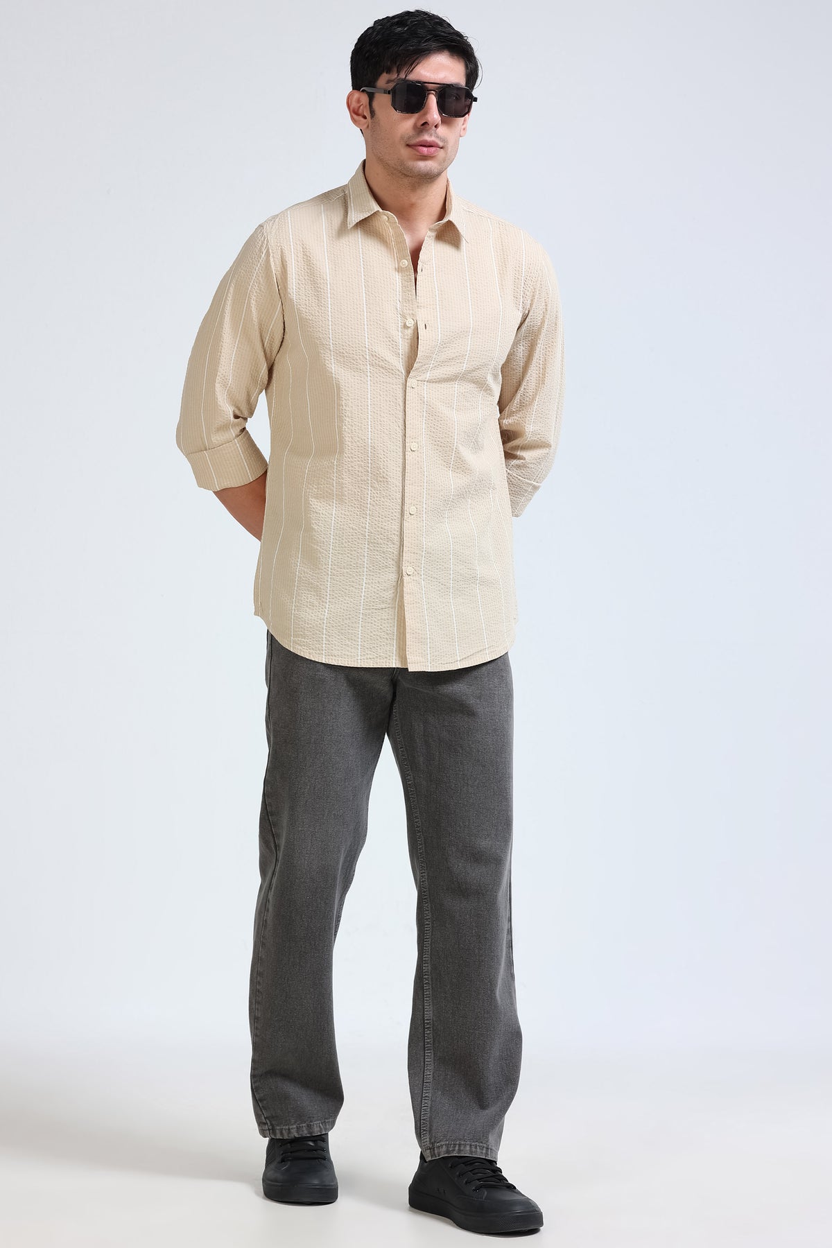 Men's Seersucker Striped Shirt Beige