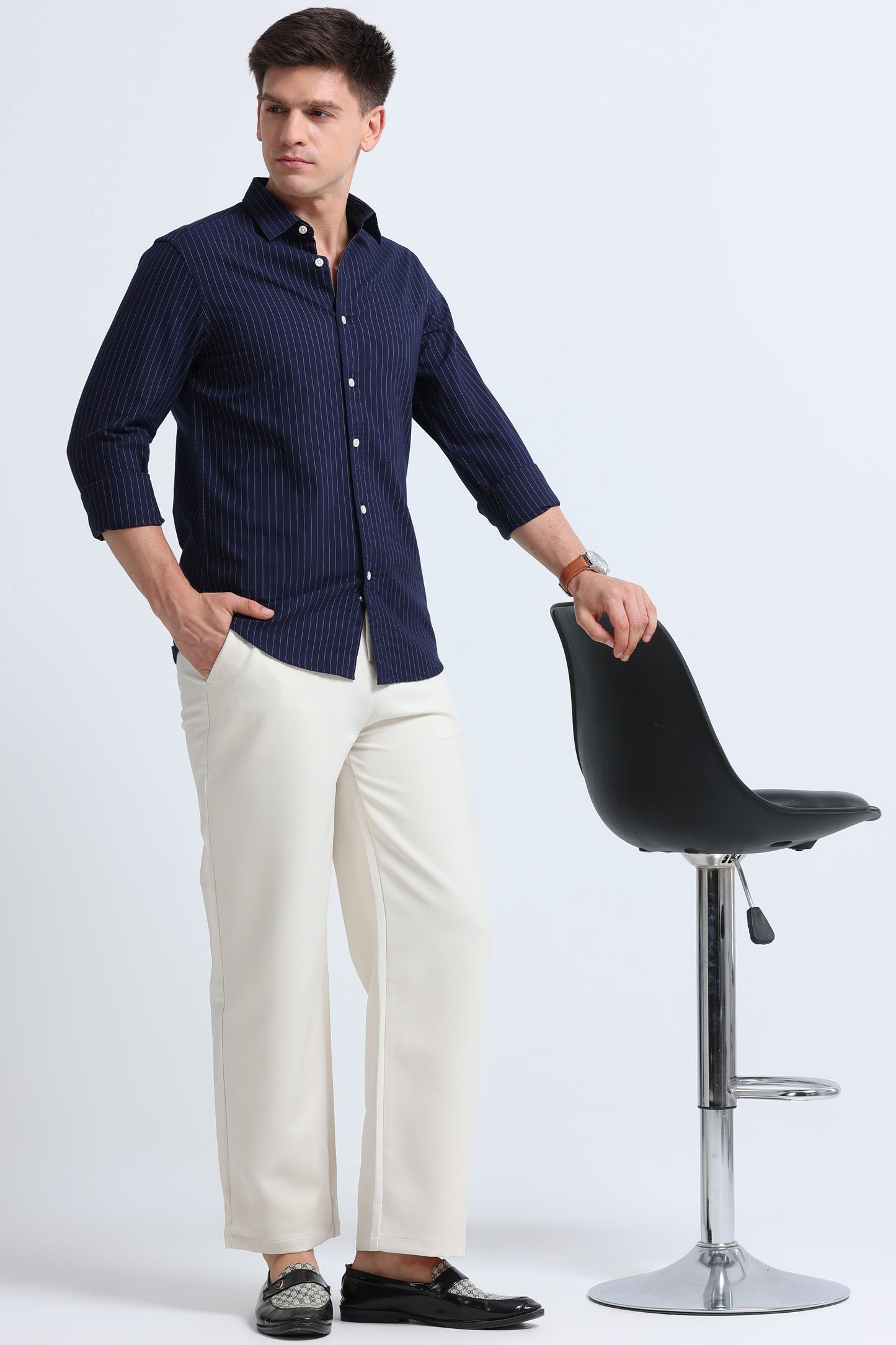 Slim Striped Cotton Oxford Shirt Navy