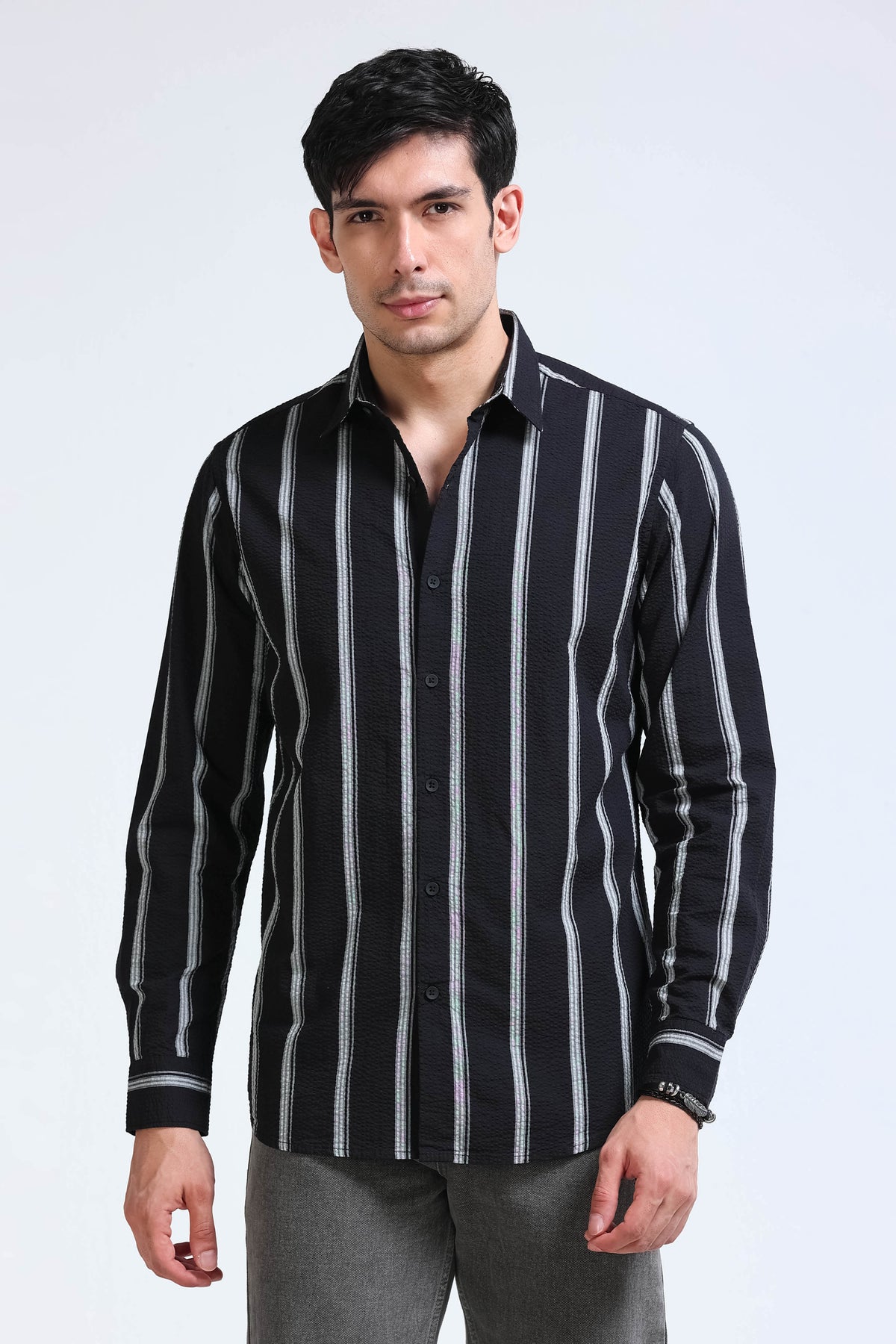 Men's Seersucker Striped Shirt Black Grey