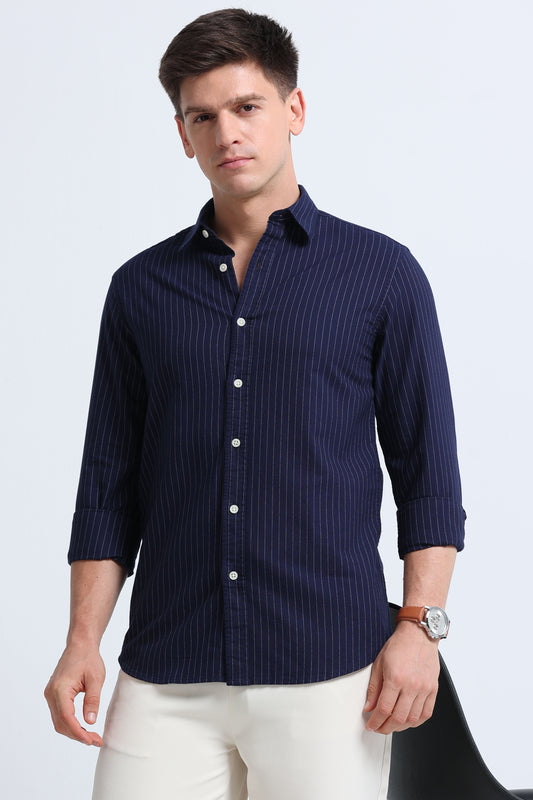 Slim Striped Cotton Oxford Shirt Navy