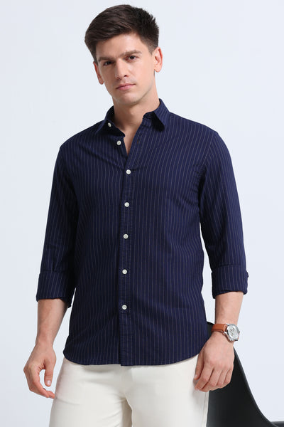 Slim Striped Cotton Oxford Shirt Navy