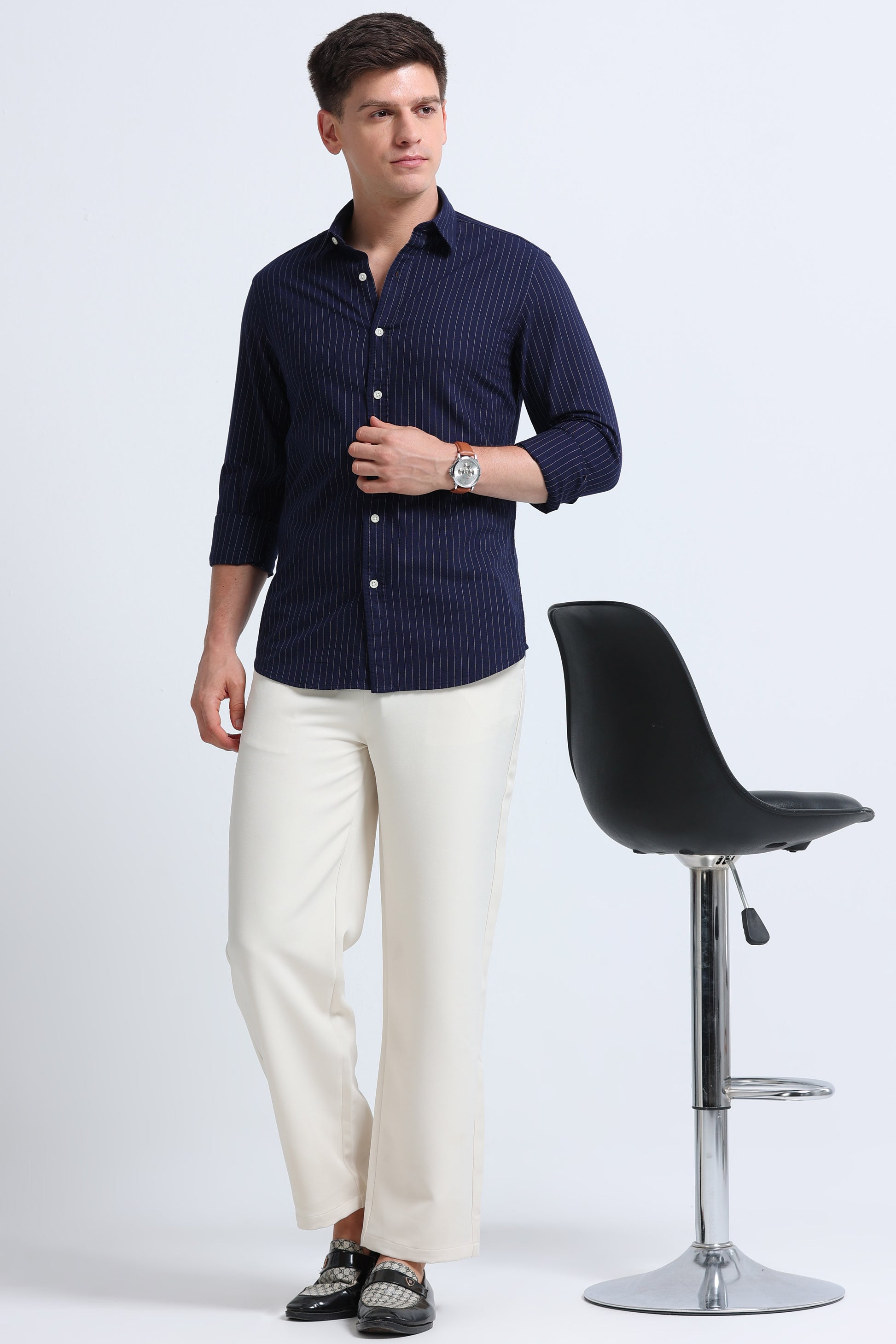 Slim Striped Cotton Oxford Shirt Navy