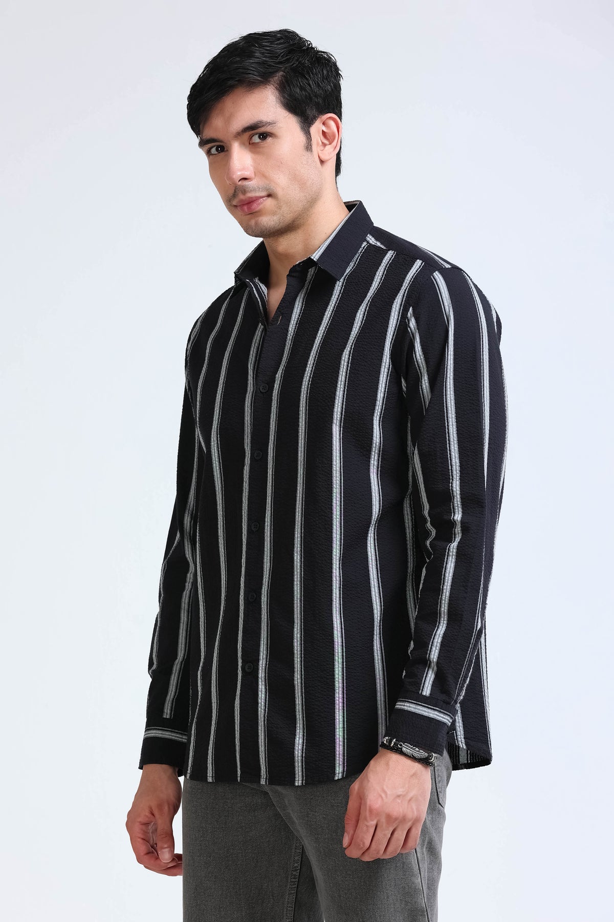 Men's Seersucker Striped Shirt Black Grey