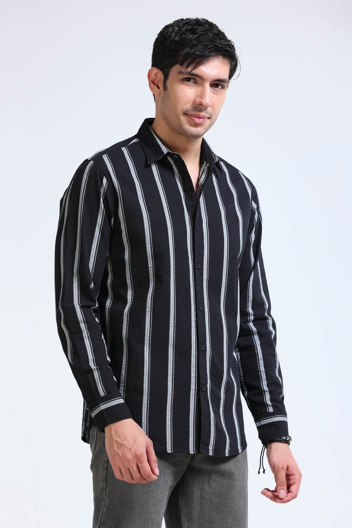Men's Seersucker Striped Shirt Black Grey