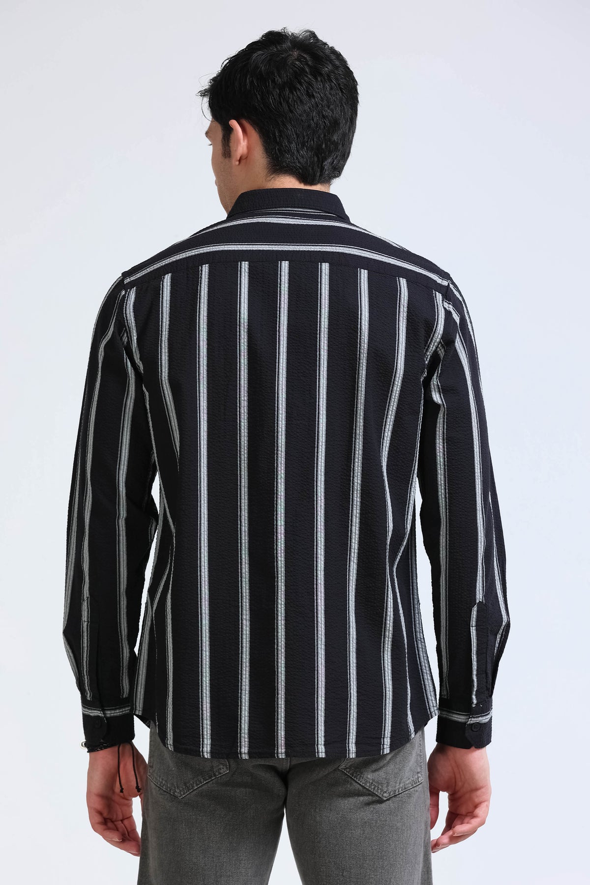 Men's Seersucker Striped Shirt Black Grey