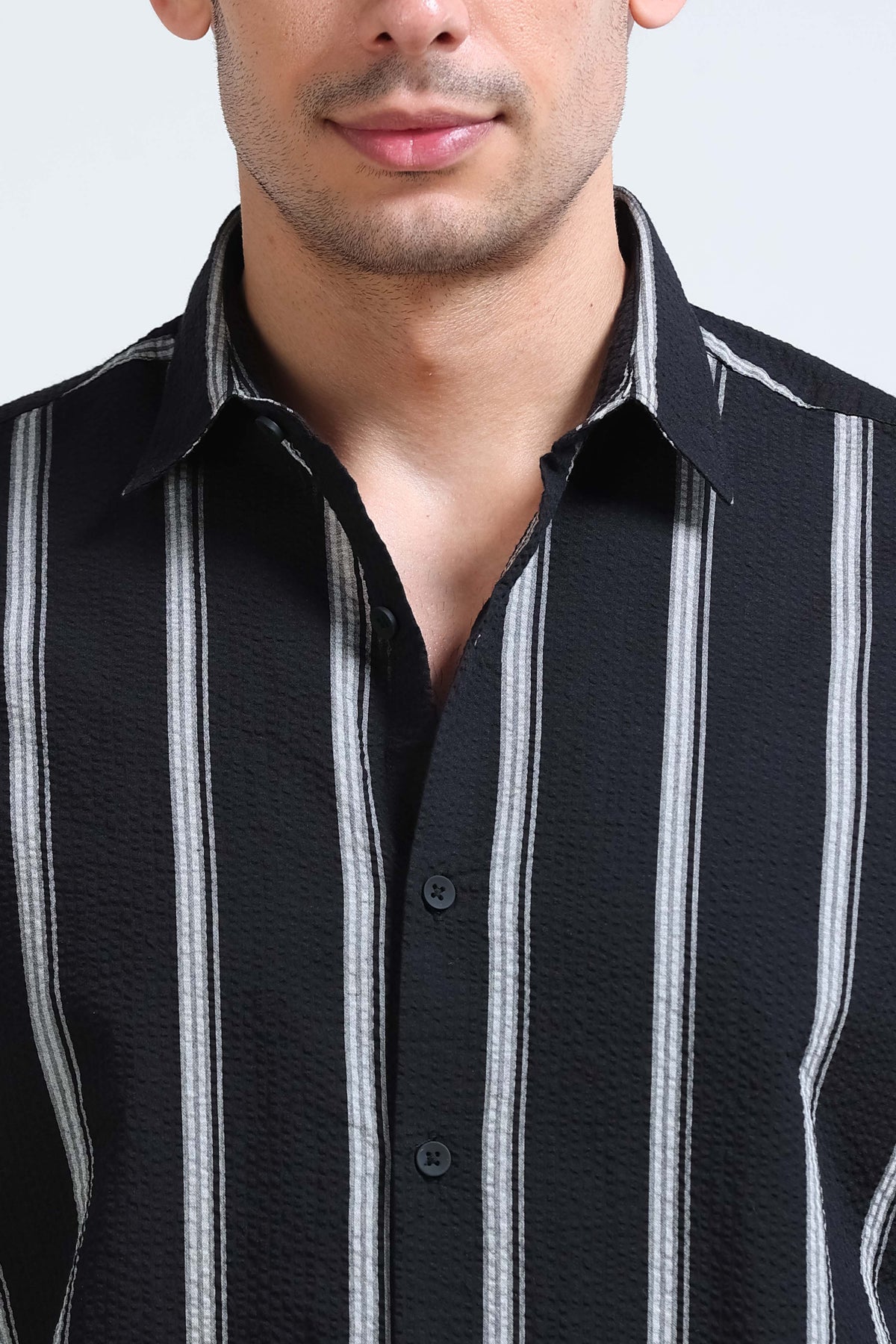 Men's Seersucker Striped Shirt Black Grey