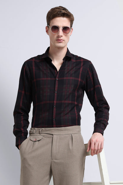 Classic Checked Slim Fit Shirt Maroon Black