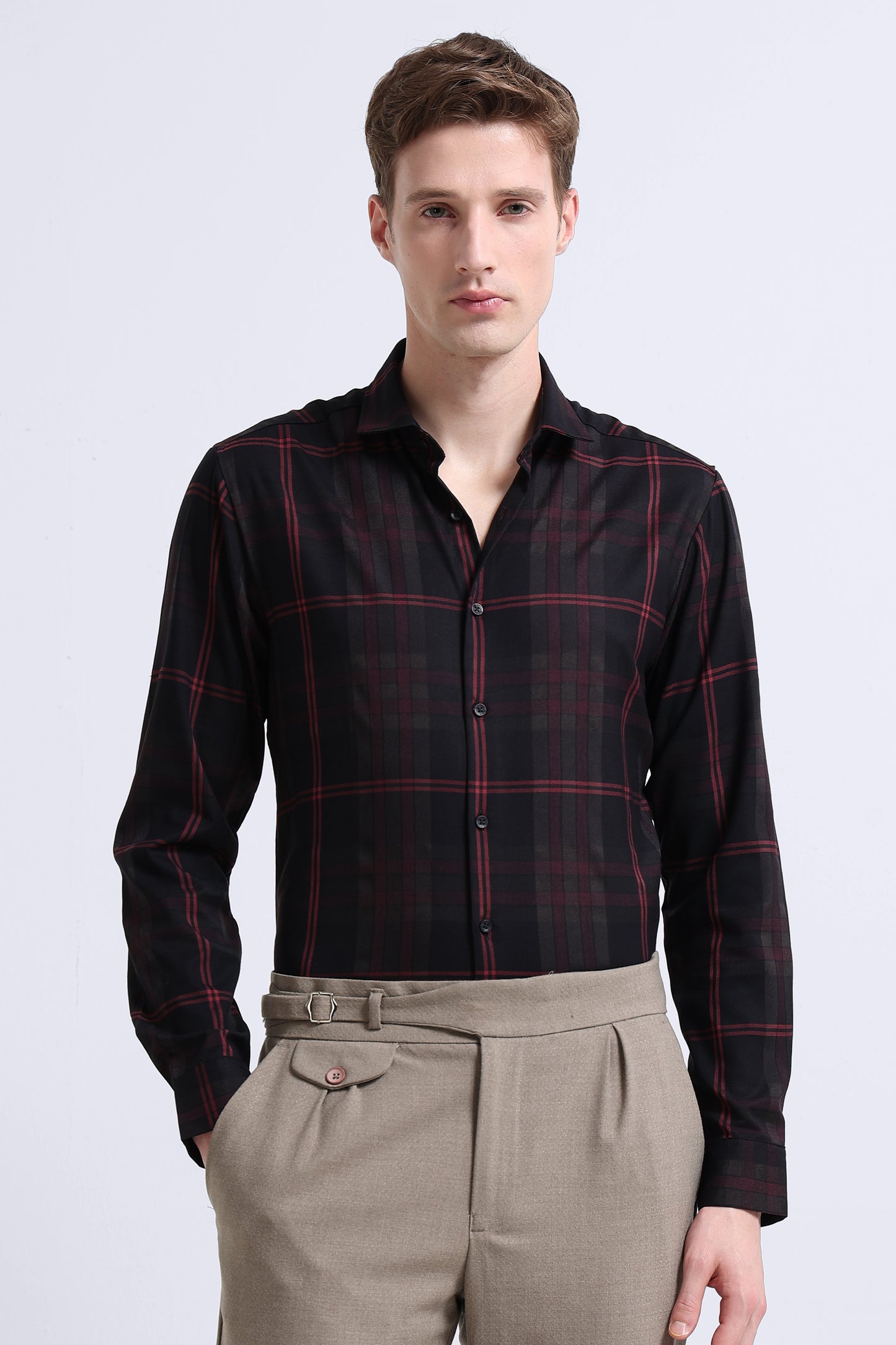Classic Checked Slim Fit Shirt Maroon Black