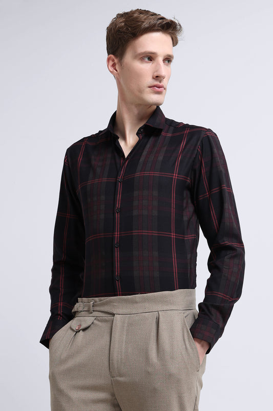 Classic Checked Slim Fit Shirt Maroon Black