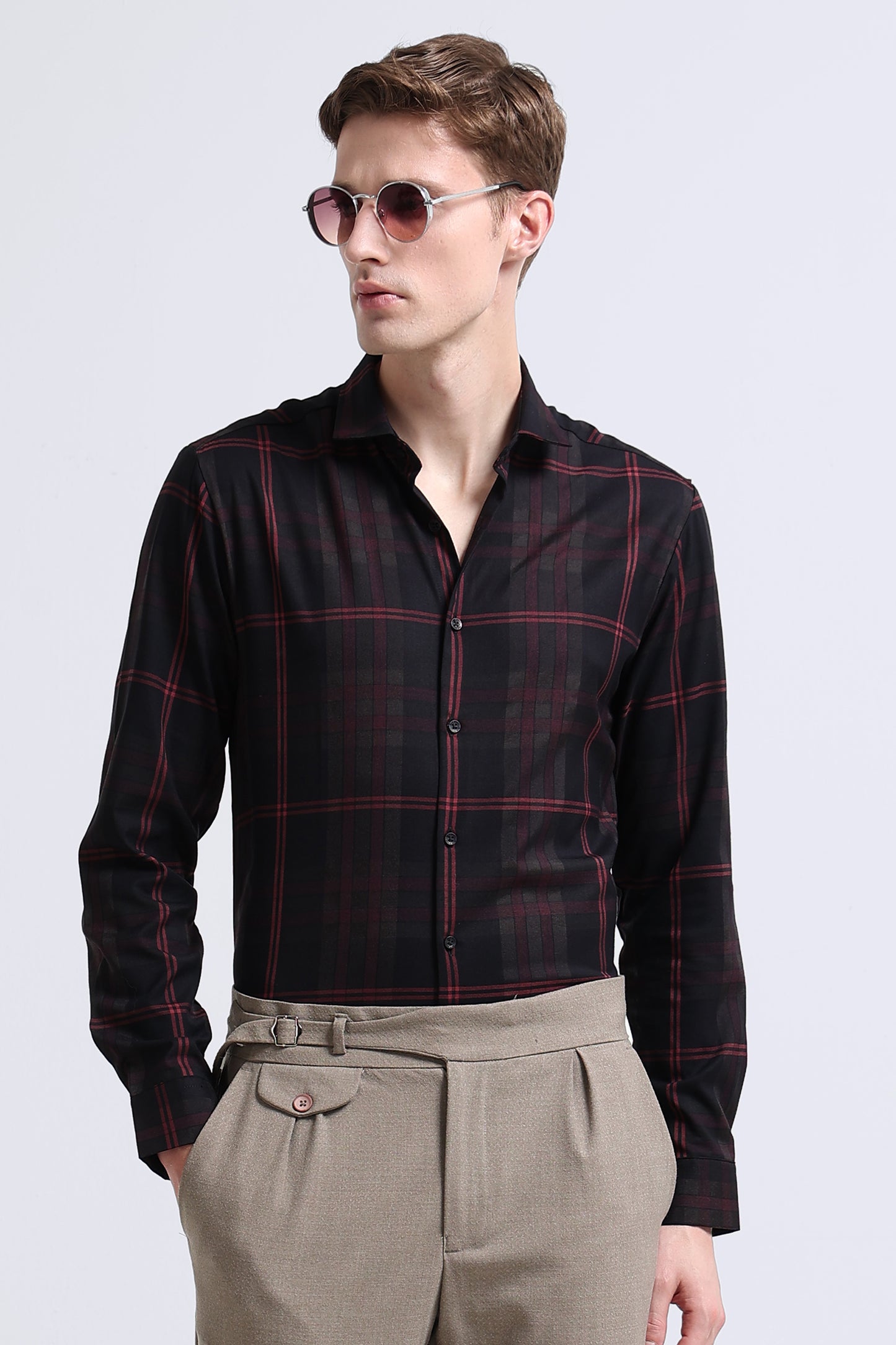 Classic Checked Slim Fit Shirt Maroon Black