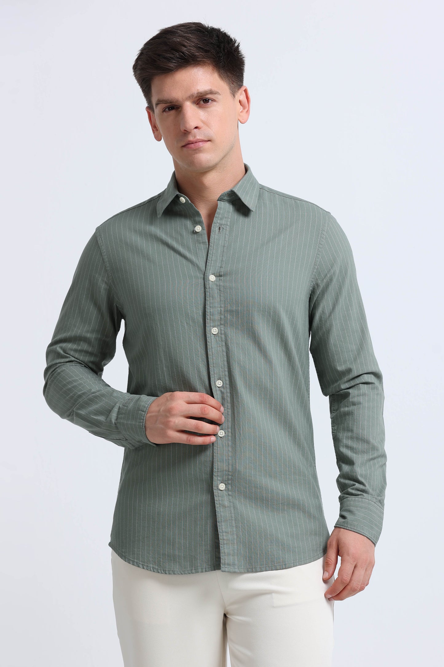 Slim Striped Cotton Oxford Shirt Green