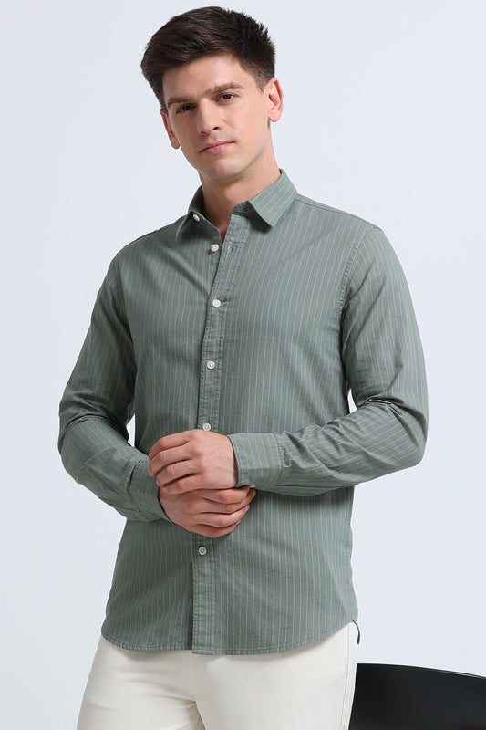 Slim Striped Cotton Oxford Shirt Green